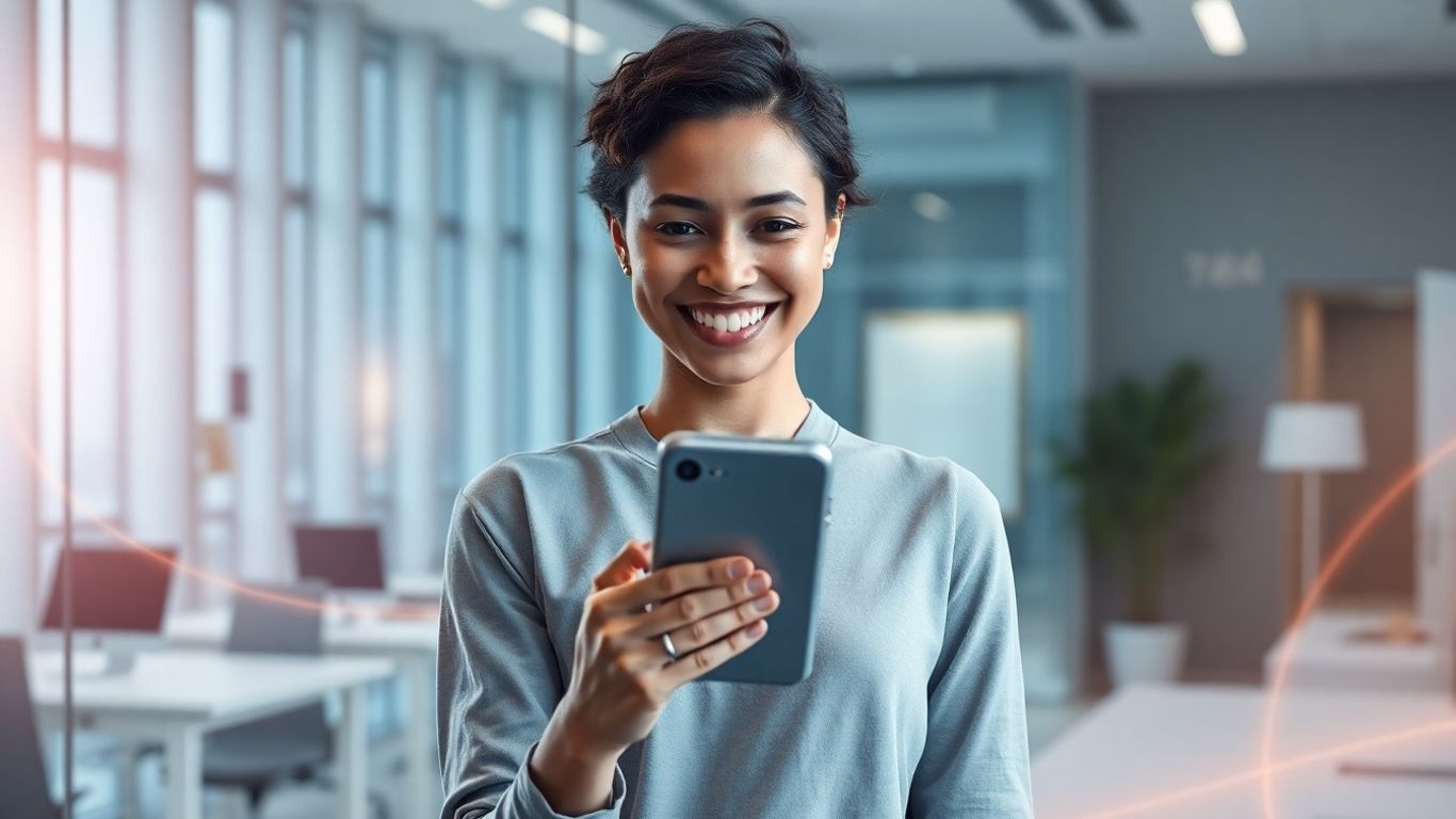Person using AI phone answering service on smartphone.