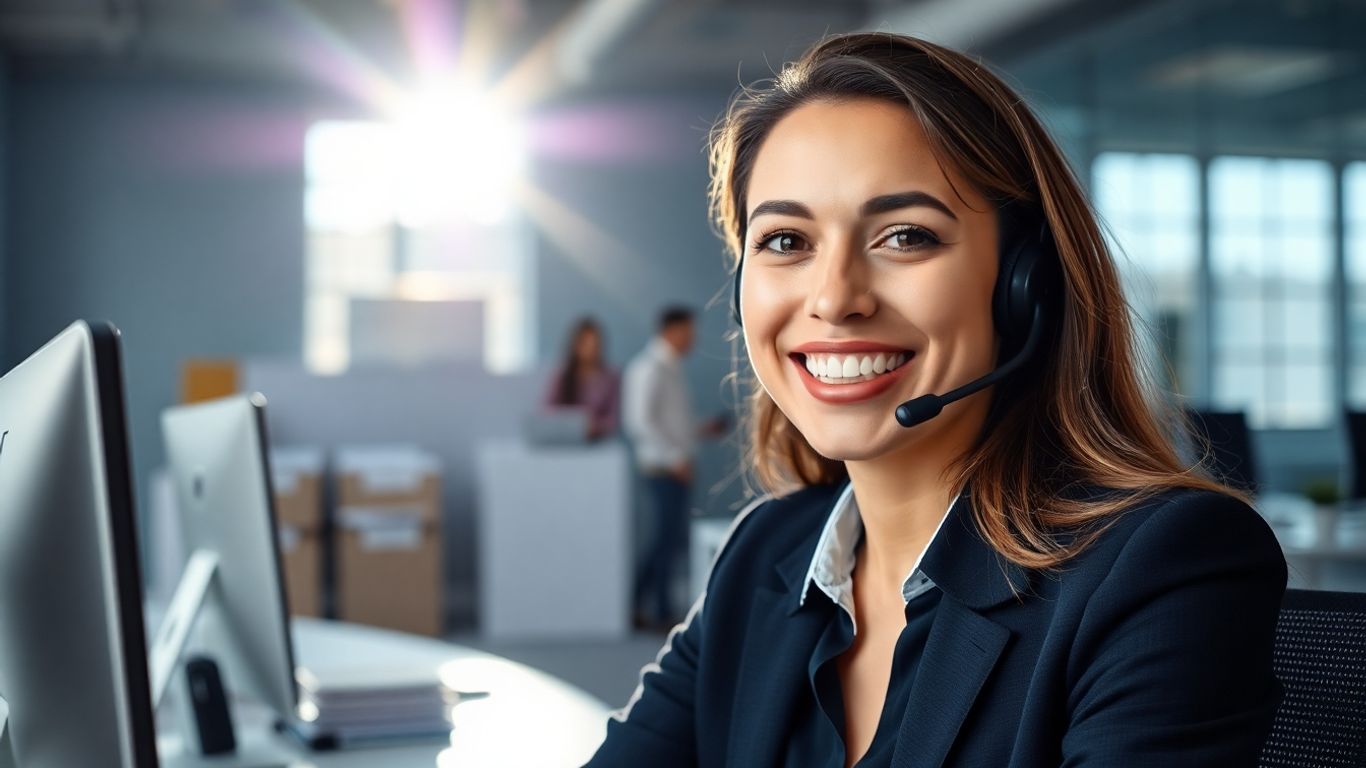 Professional woman with headset in a bright office.