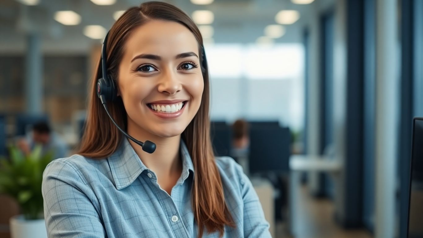 Professional woman with headset, smiling, digital interface elements.