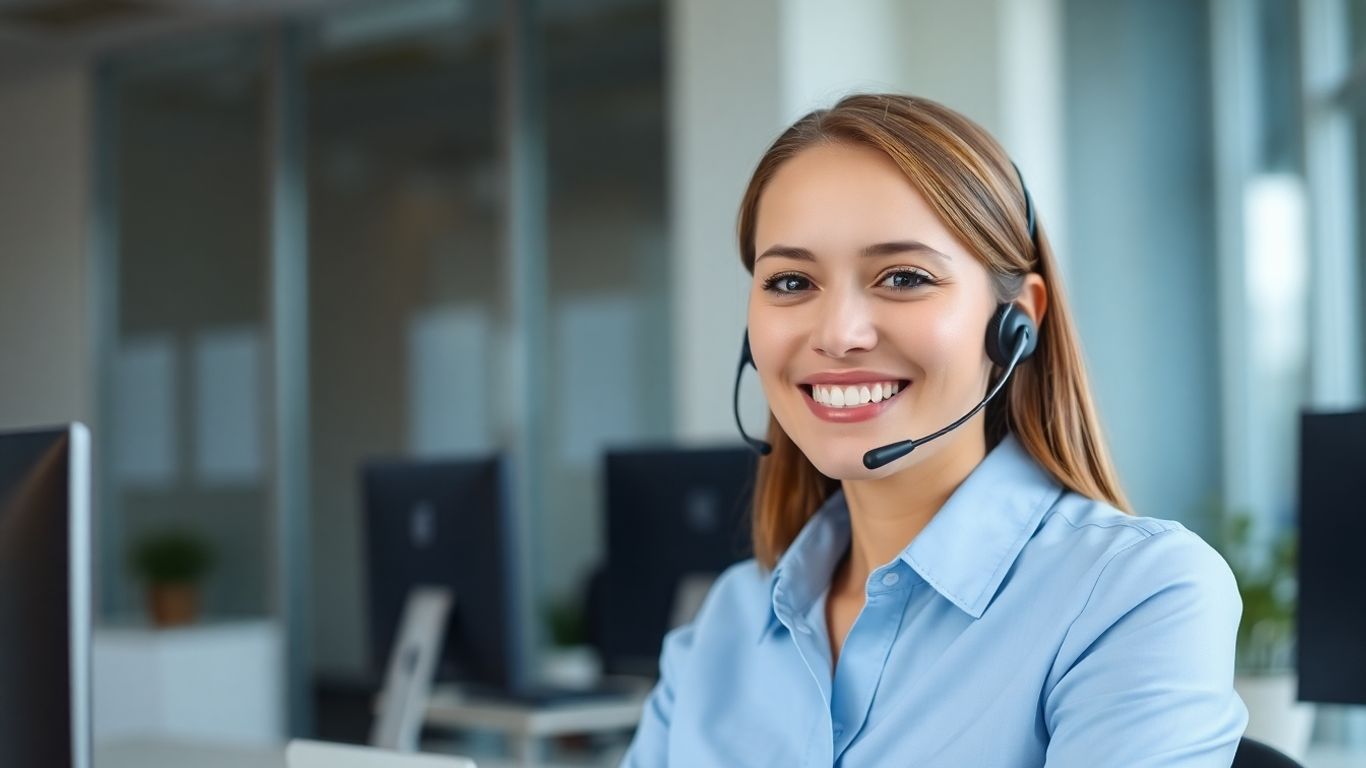 Professional woman with headset in modern office