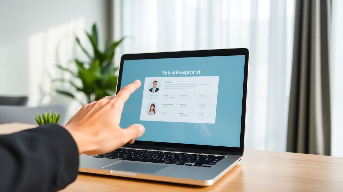 Virtual receptionist interface on a laptop screen.