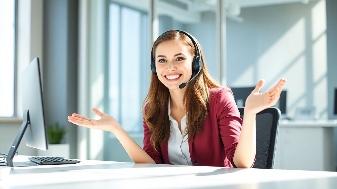 Professional woman with headset smiling, ready to assist.