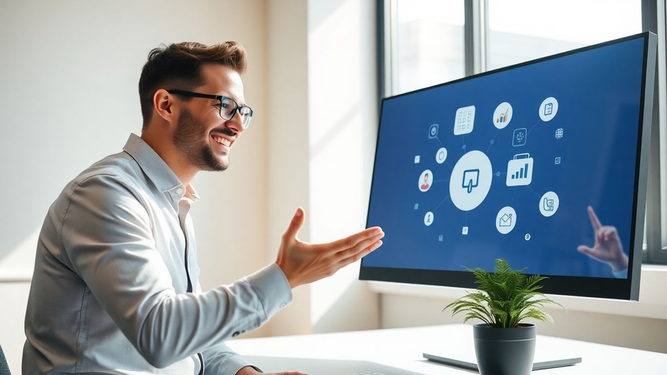 Person using computer with productivity icons