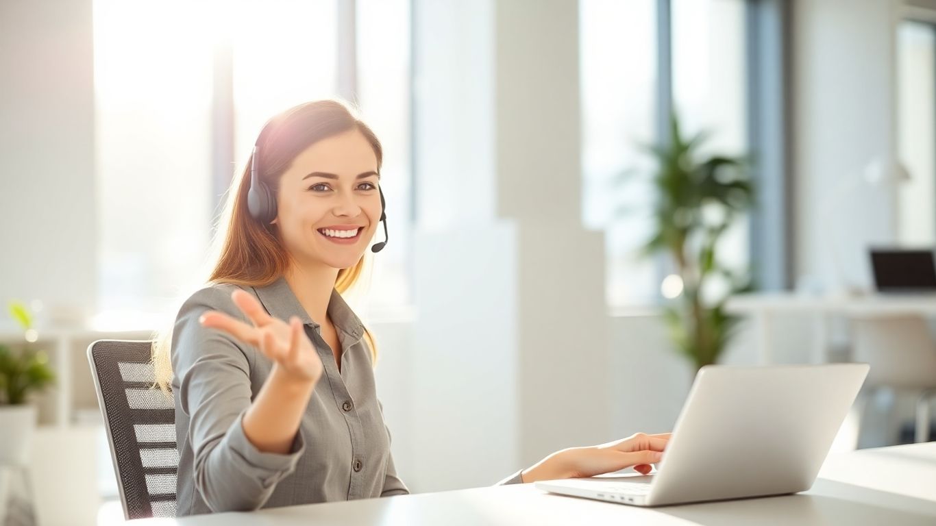Professional woman with headset at desk