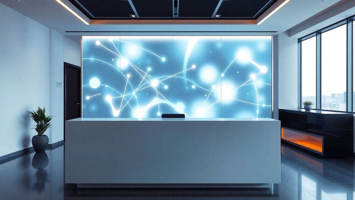 AI receptionist interface with glowing abstract shapes.