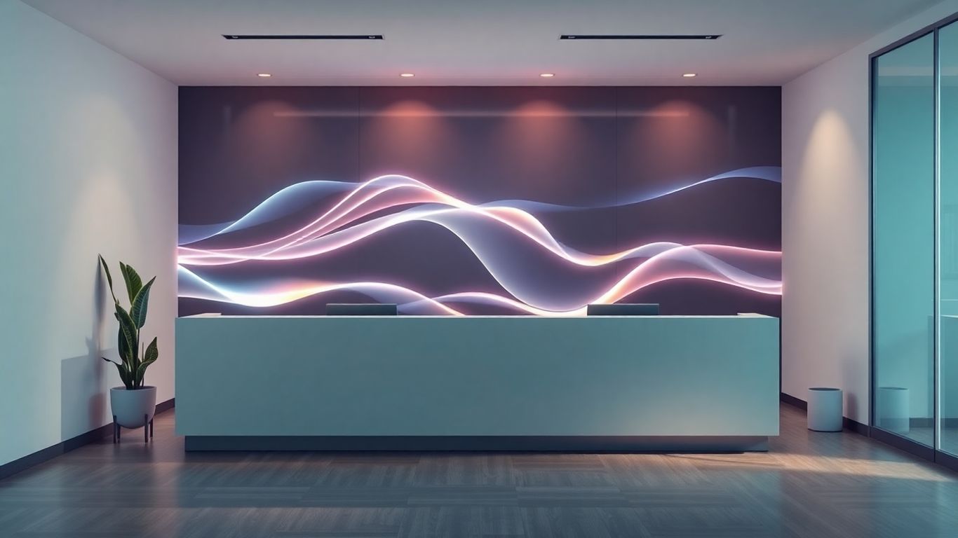 AI receptionist interface with glowing abstract shapes.