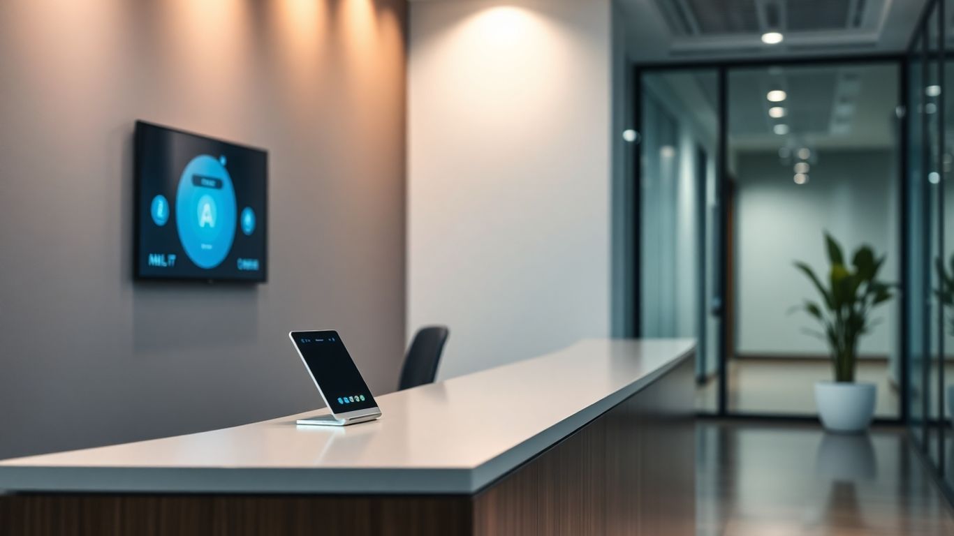 AI receptionist interface in a modern office setting.