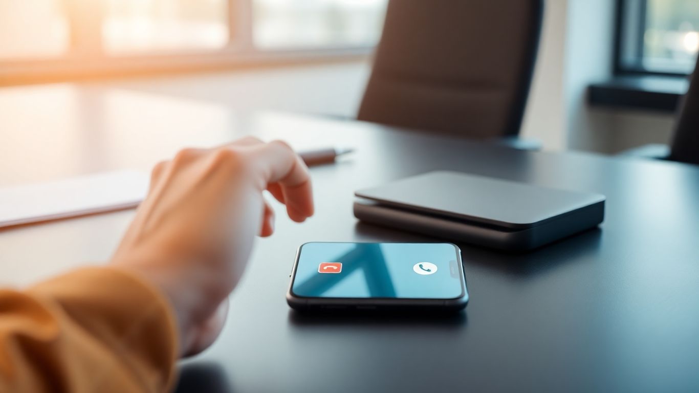 Smartphone with AI answering service interface on office desk.