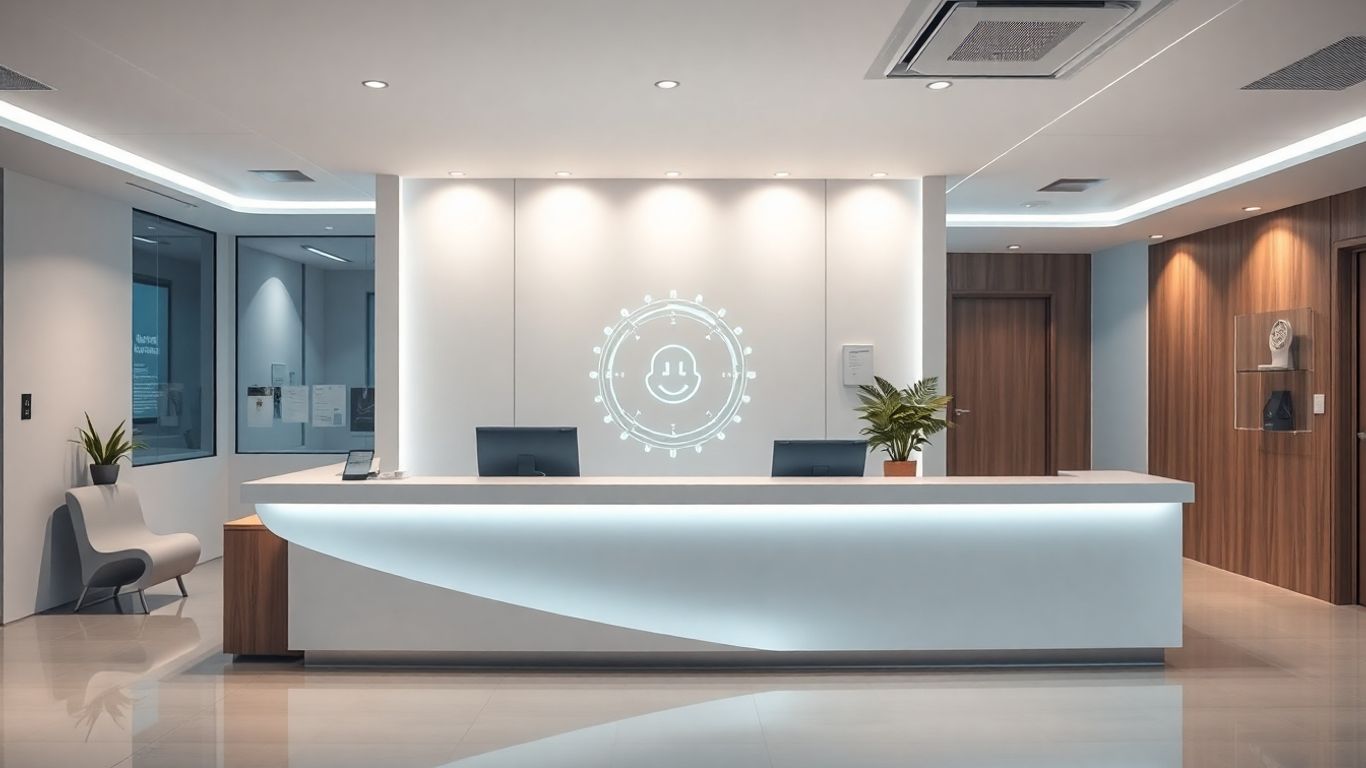 AI receptionist interface in a modern medical office.