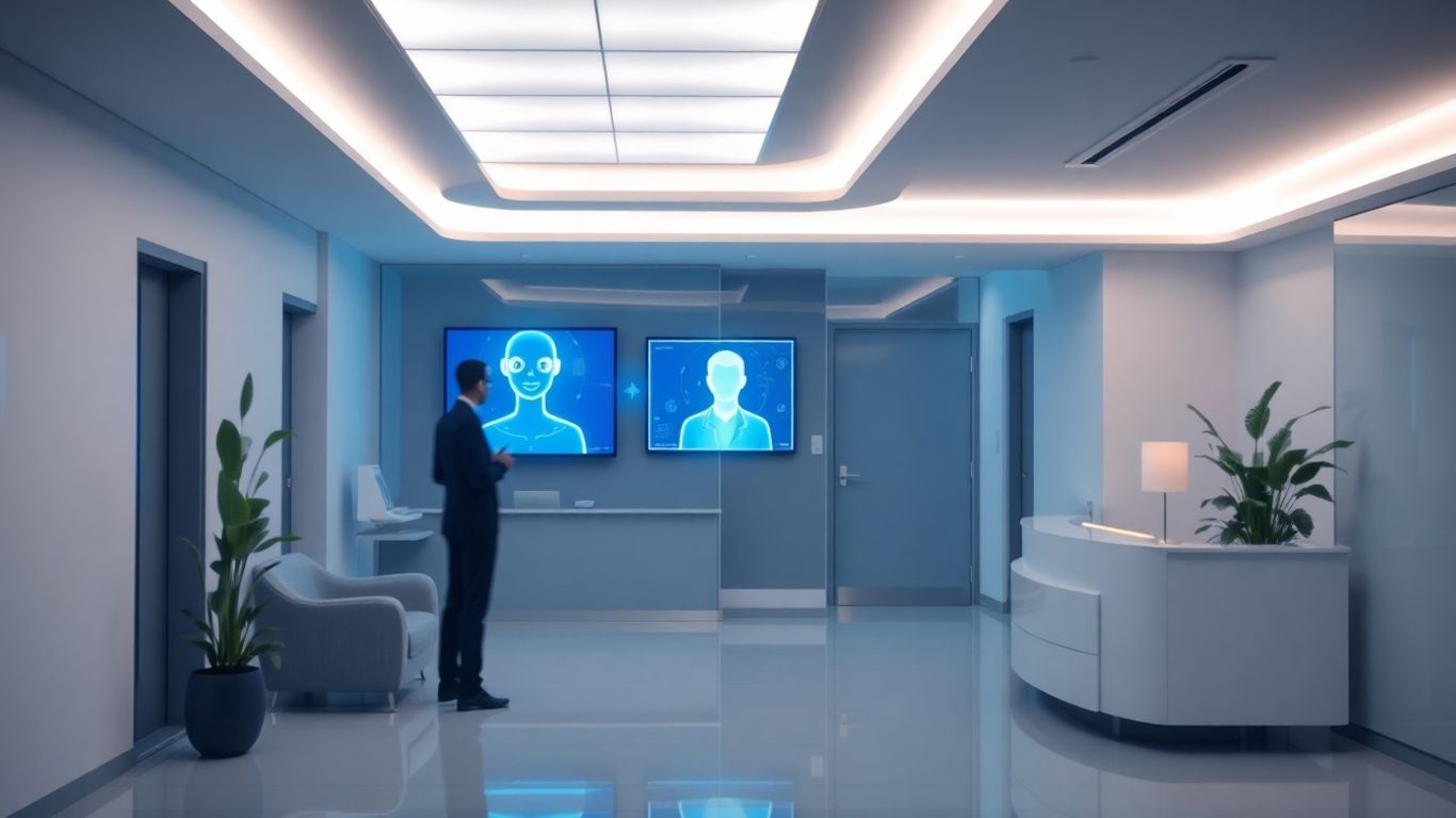 AI receptionist interface in a modern medical office.
