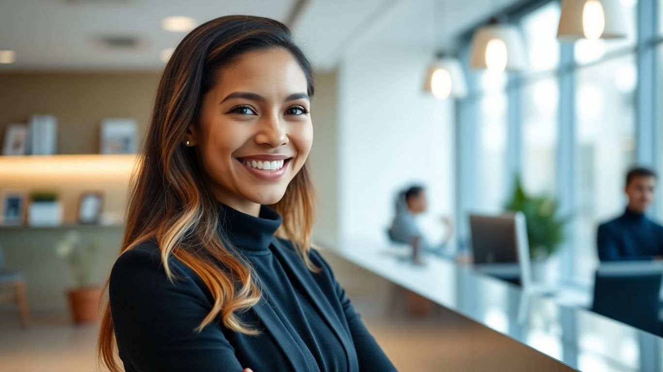 Smiling receptionist in a modern office.