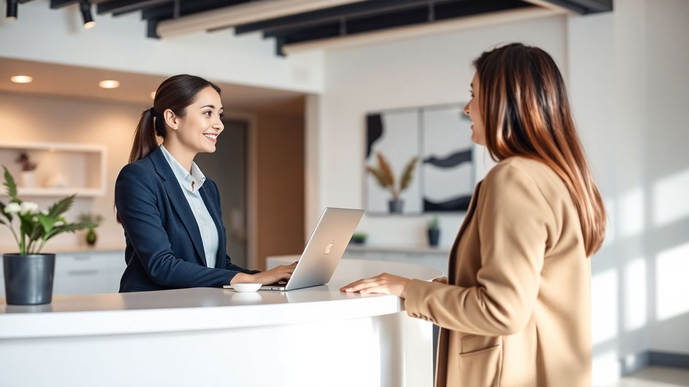 Professional receptionist assisting a client in an office.