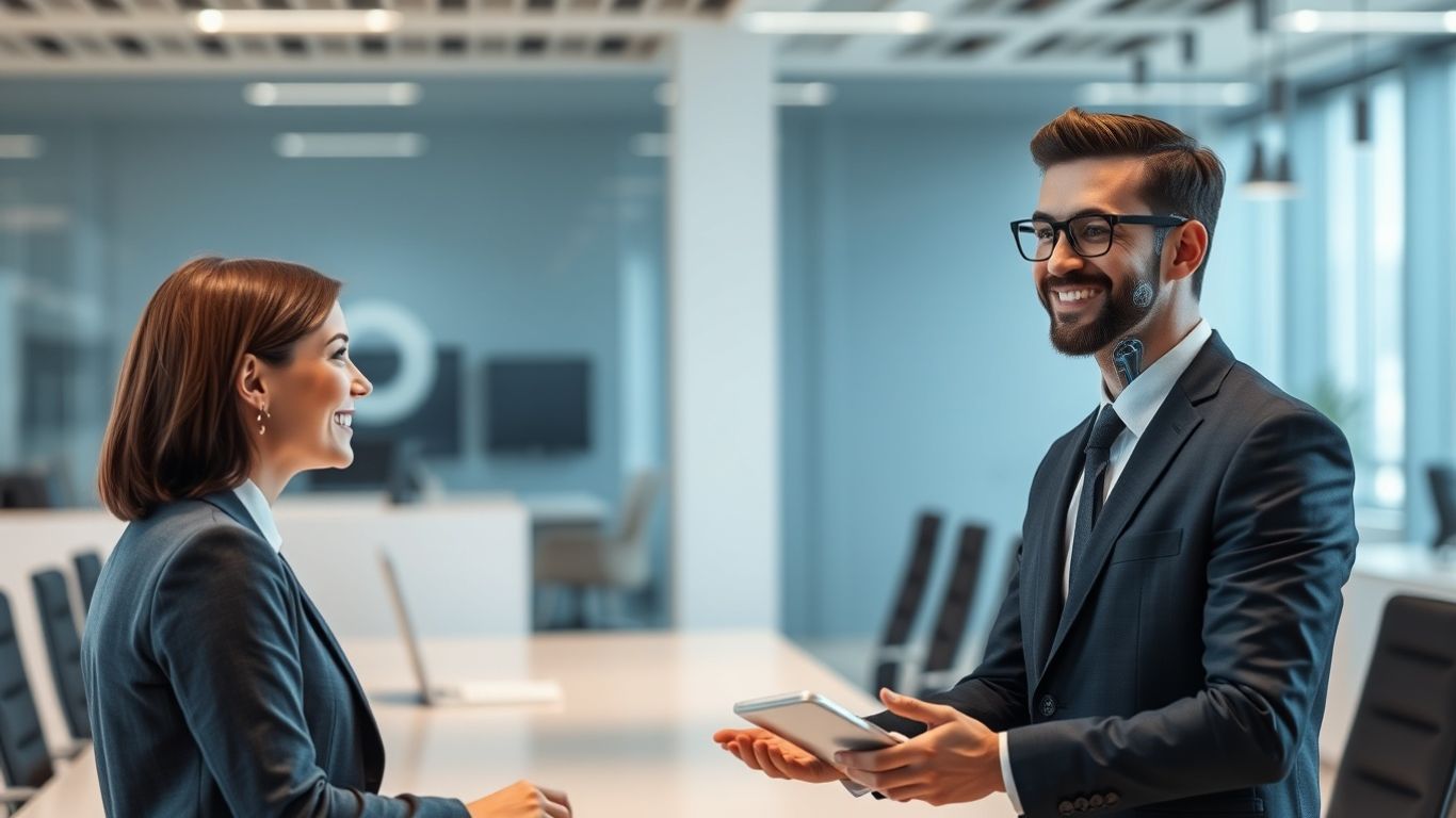 AI receptionist avatar assisting a business professional in an office.