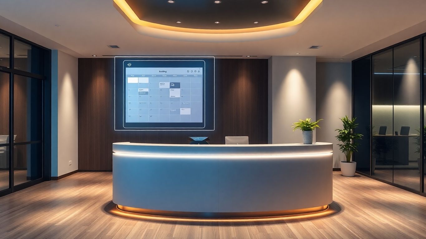 AI receptionist booking appointments on a holographic calendar.