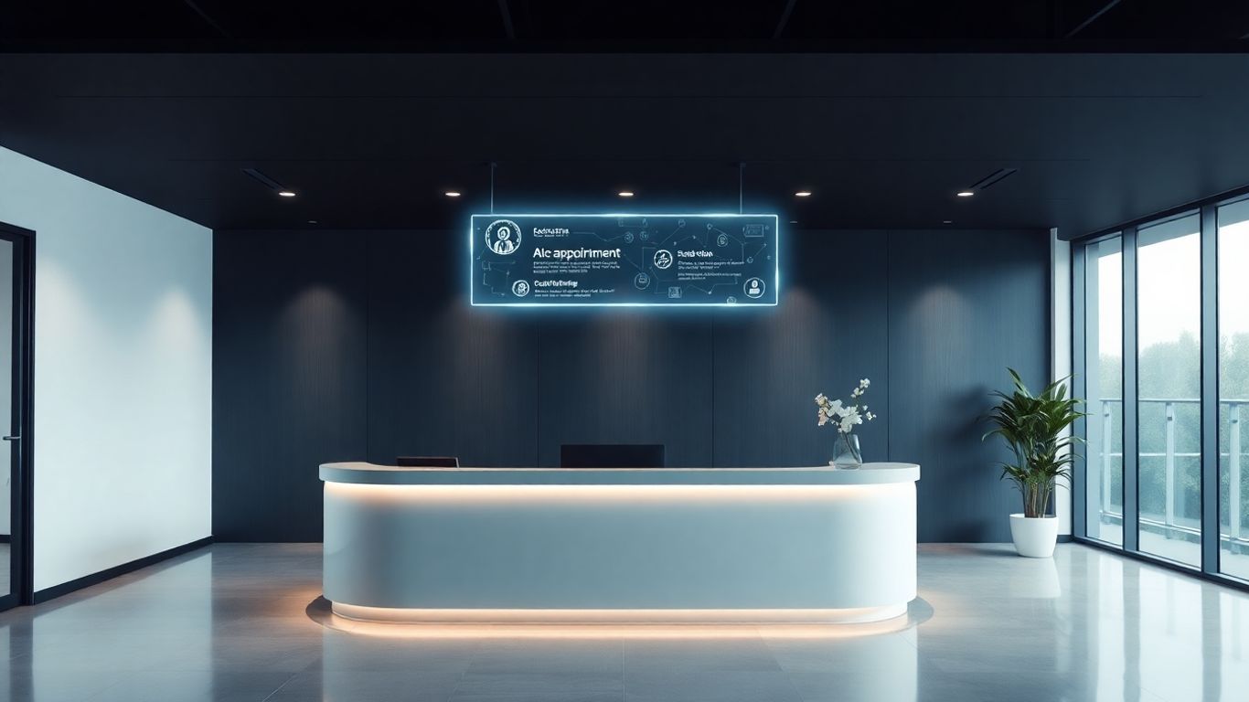 AI receptionist interface managing appointments in a modern office.