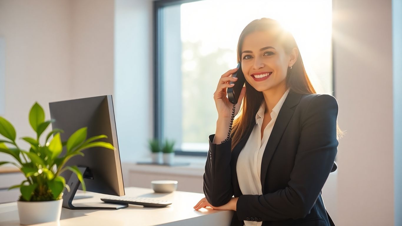 Business receptionist answering phone in a bright, modern office.