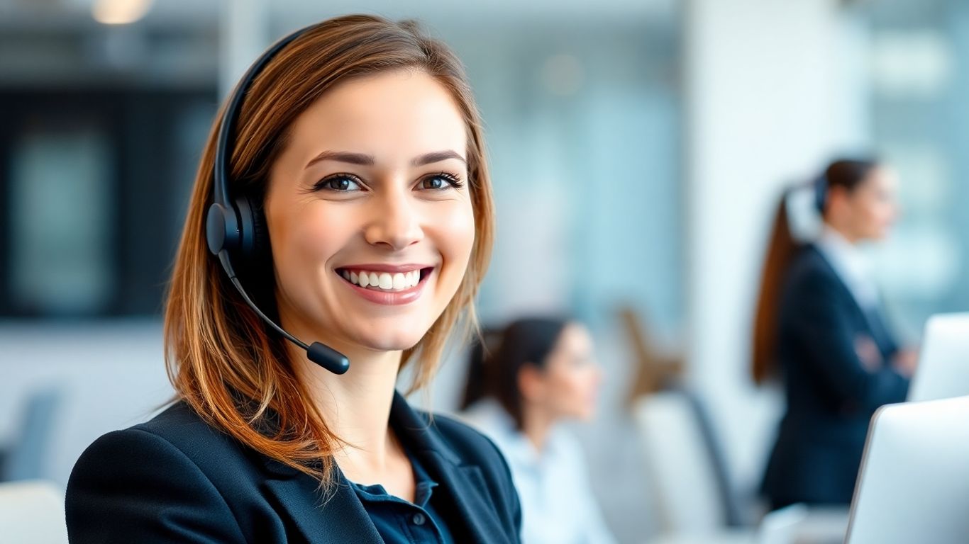 Businesswoman with headset, providing virtual reception services.