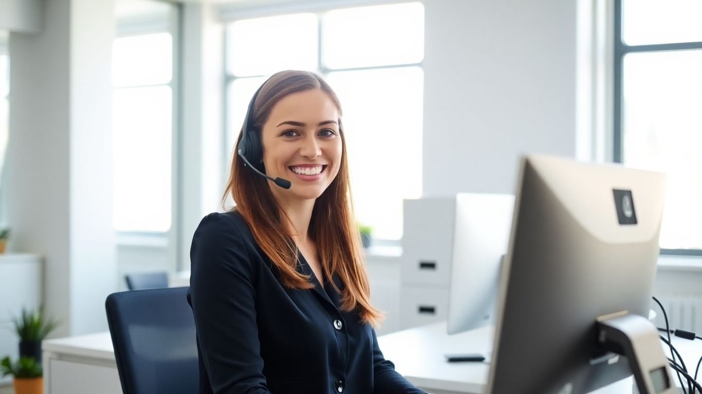 Businesswoman with headset at desk