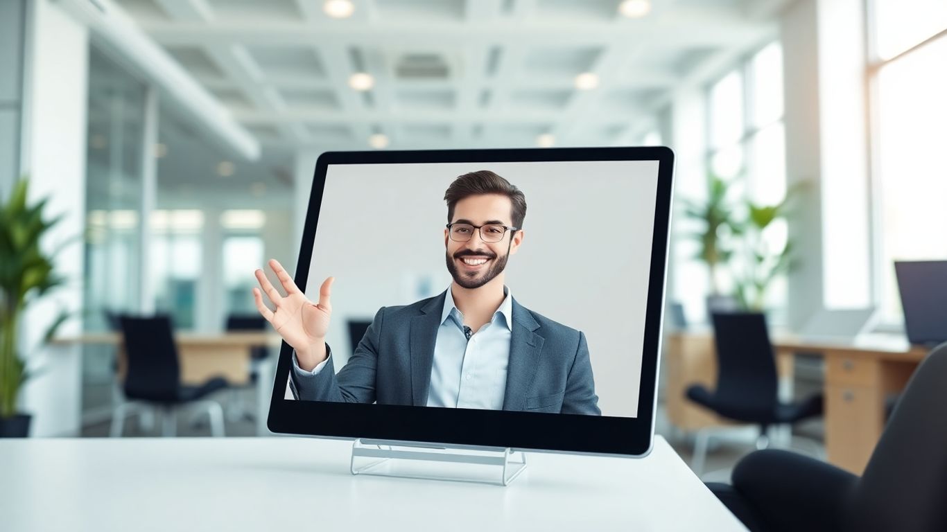 AI receptionist avatar on a tablet in an office.