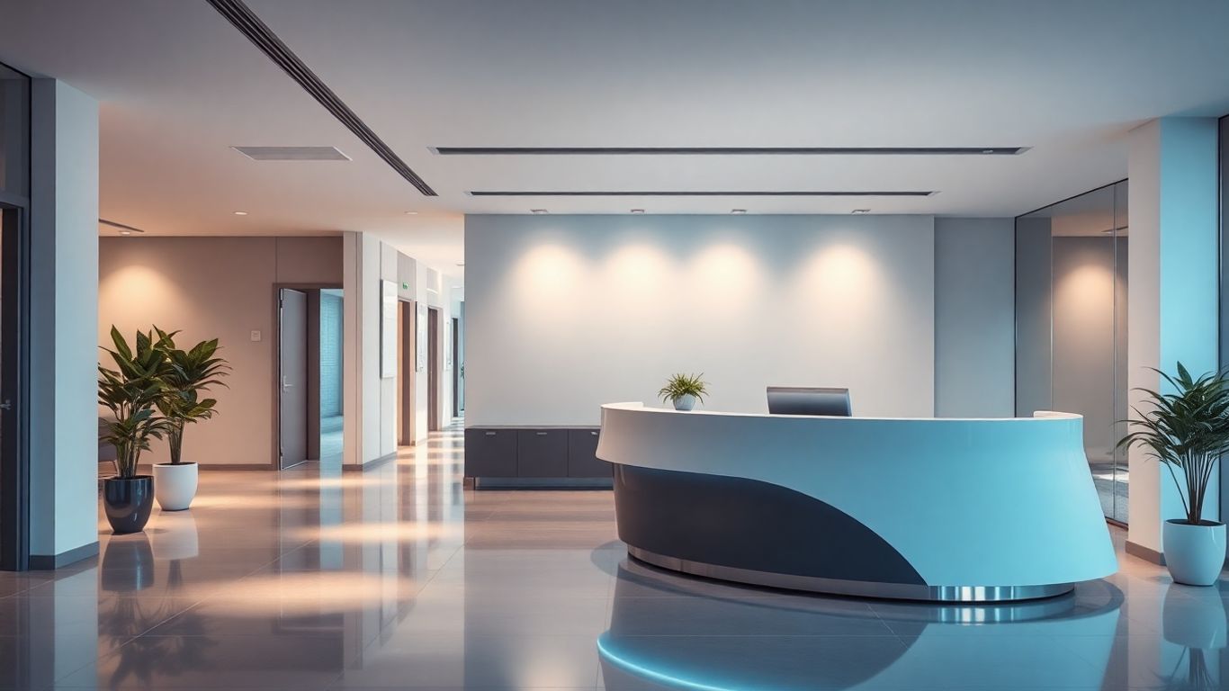 AI receptionist interface in a modern office.