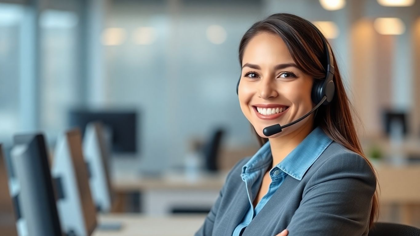 Virtual receptionist with headset answering calls.