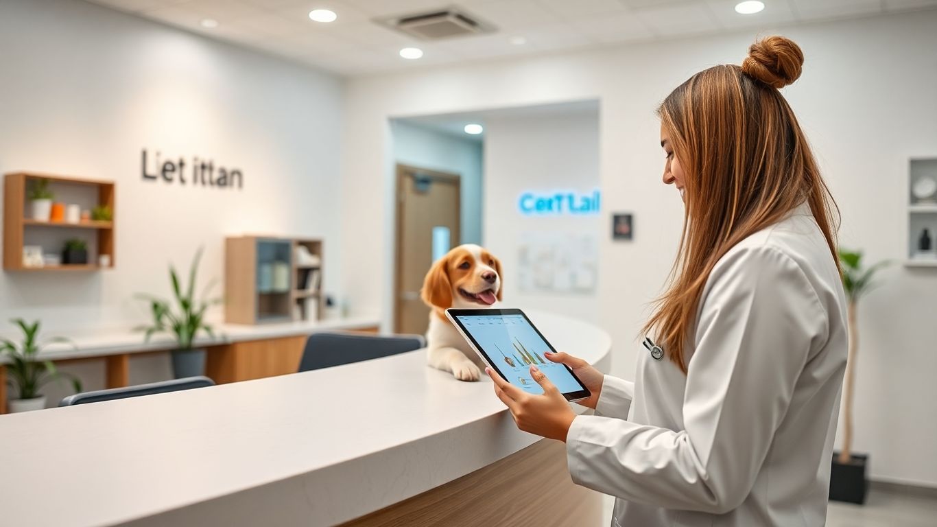 Veterinary receptionist using tablet with client