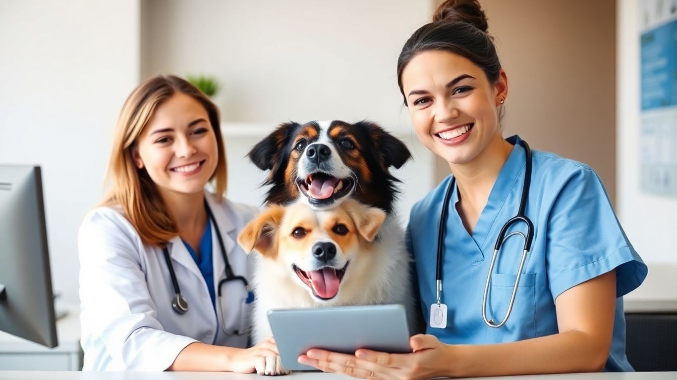 Virtual vet receptionist helping pet owner and dog.