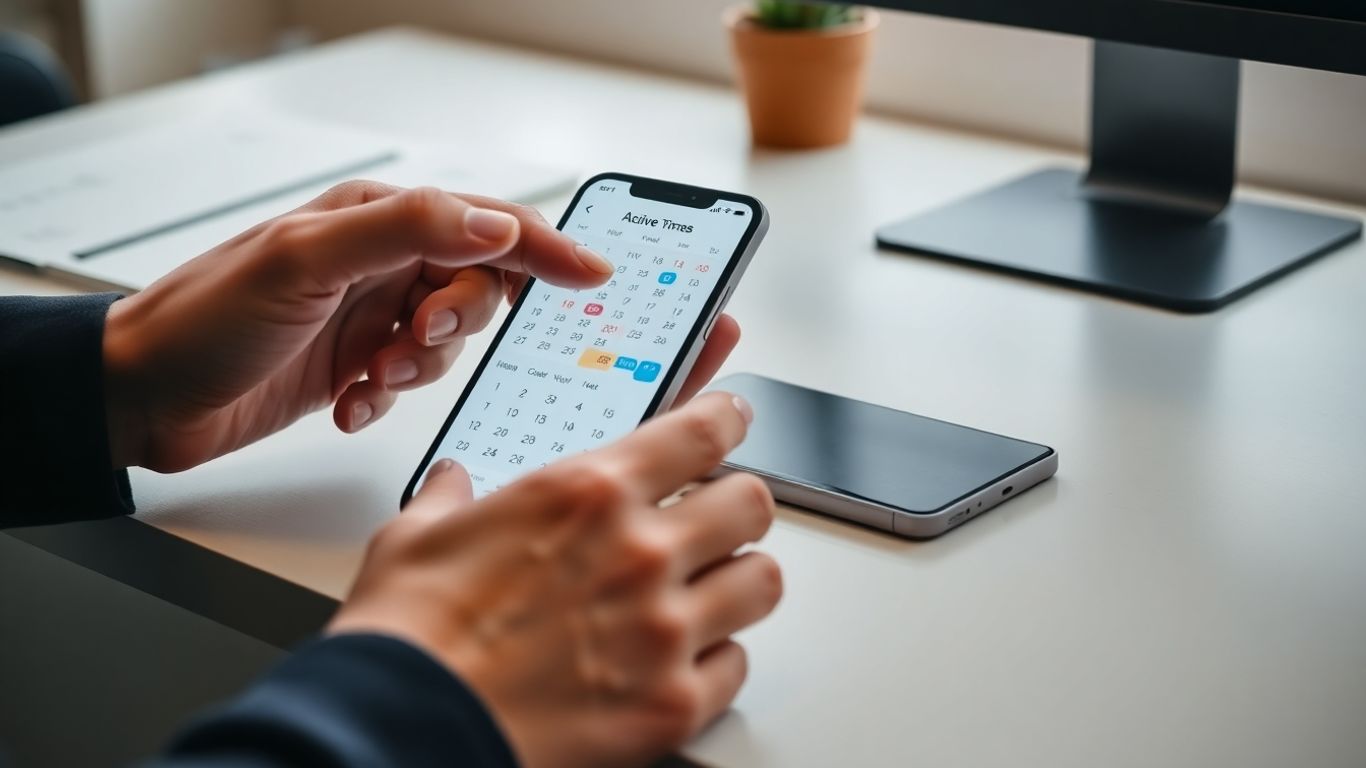 Smartphone calendar interface with hand interacting with active times.