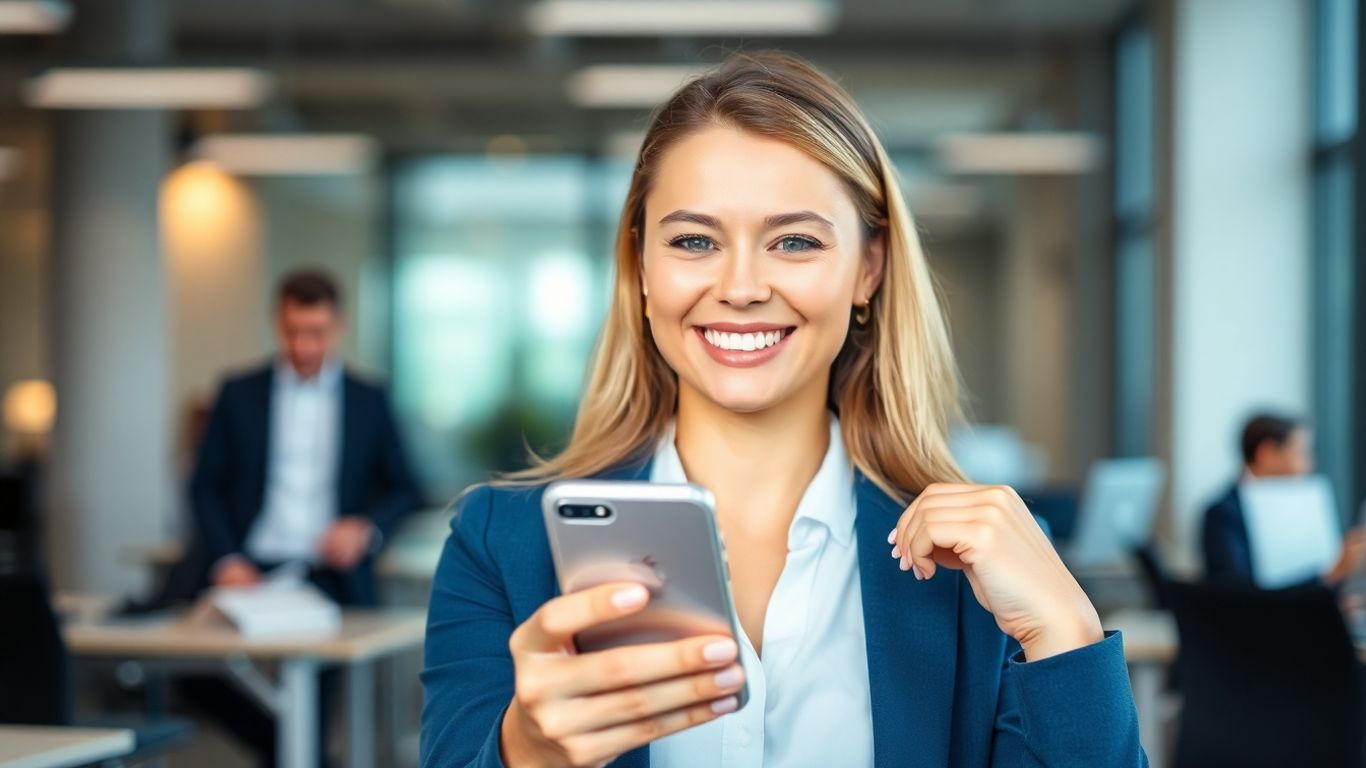 Professional woman using AI phone receptionist on smartphone.