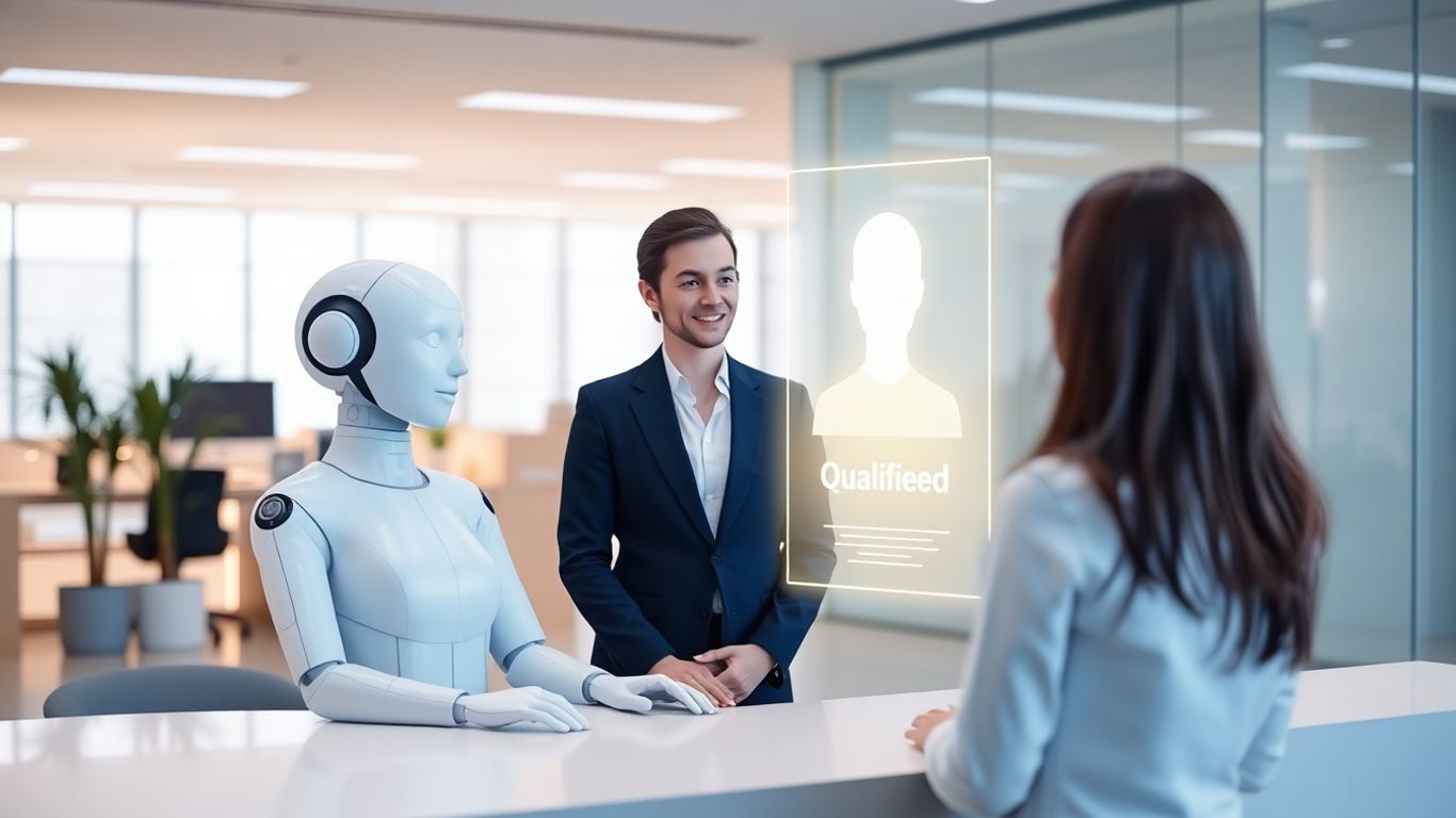 AI virtual receptionist qualifying a lead with digital interface.