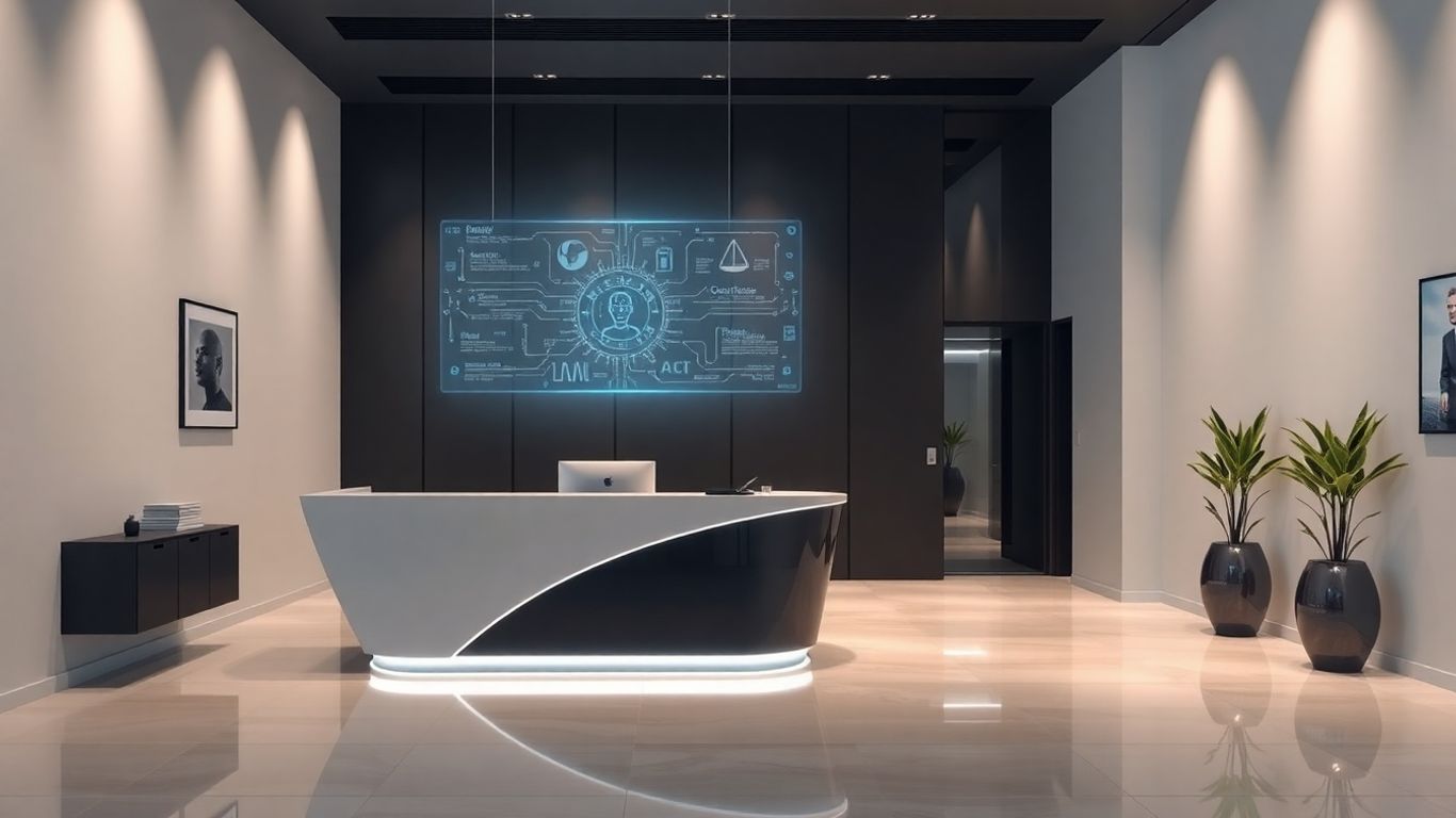 AI receptionist interface in a law firm reception area.
