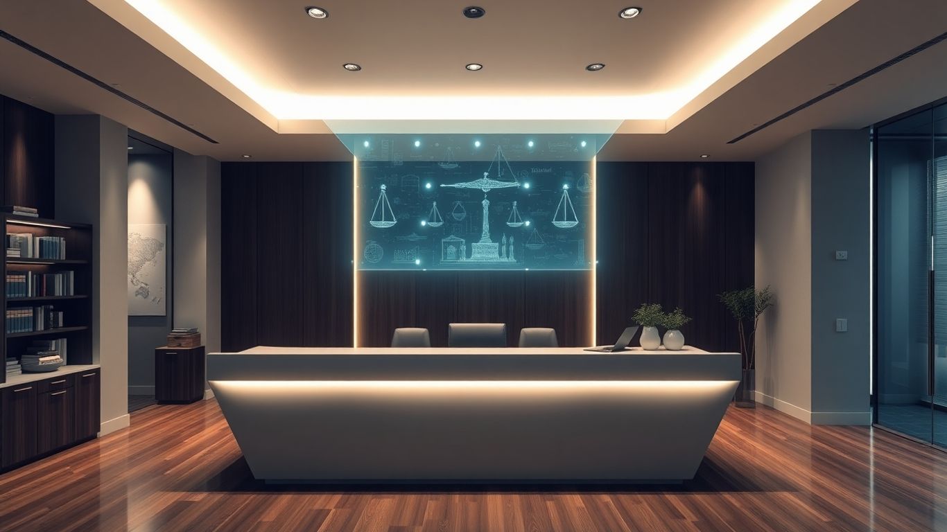 AI receptionist interface in a law firm reception area.