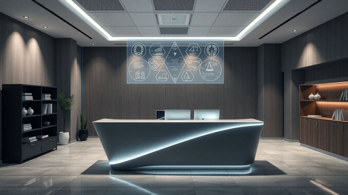 Law office reception with AI technology interface.