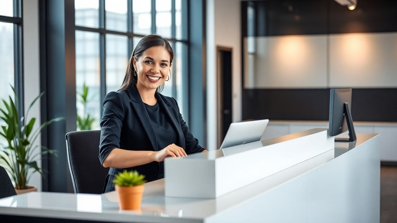 Professional receptionist at a modern desk