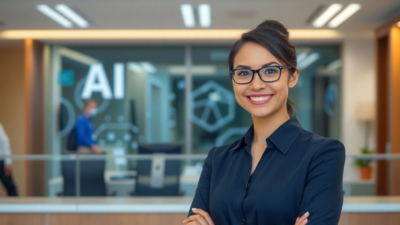 Professional receptionist in a modern office environment.