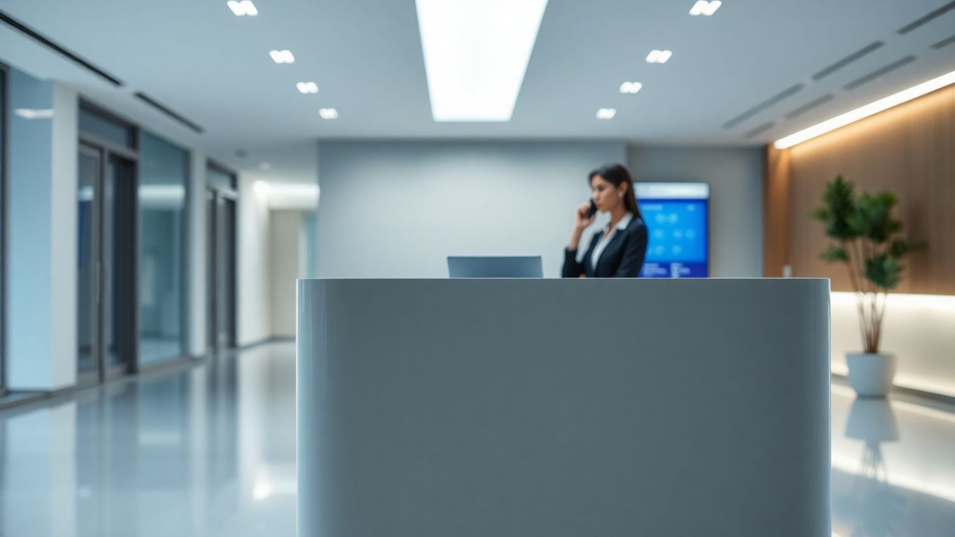Modern reception desk with a blurred receptionist handling a call.