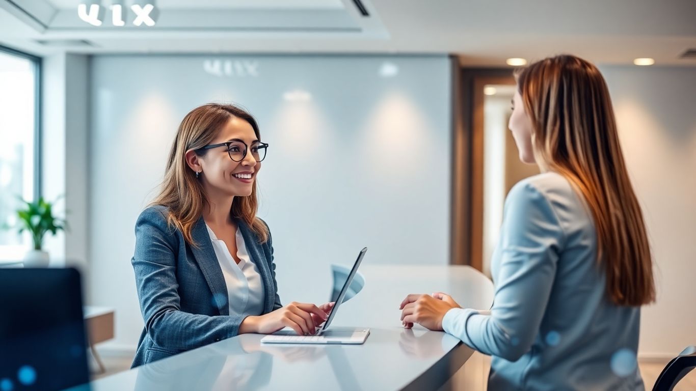 Receptionist assisting a client with a smile.