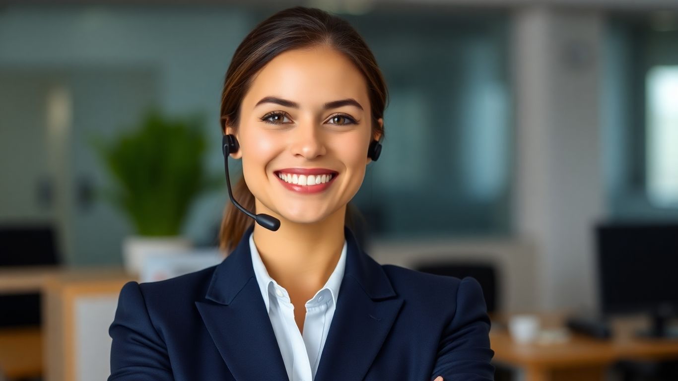 Professional woman with headset, smiling, blurred office background.