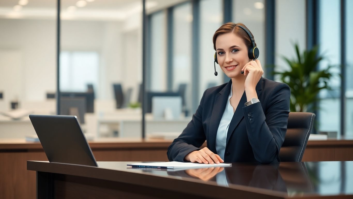 Lawyer using a headset in a modern office.