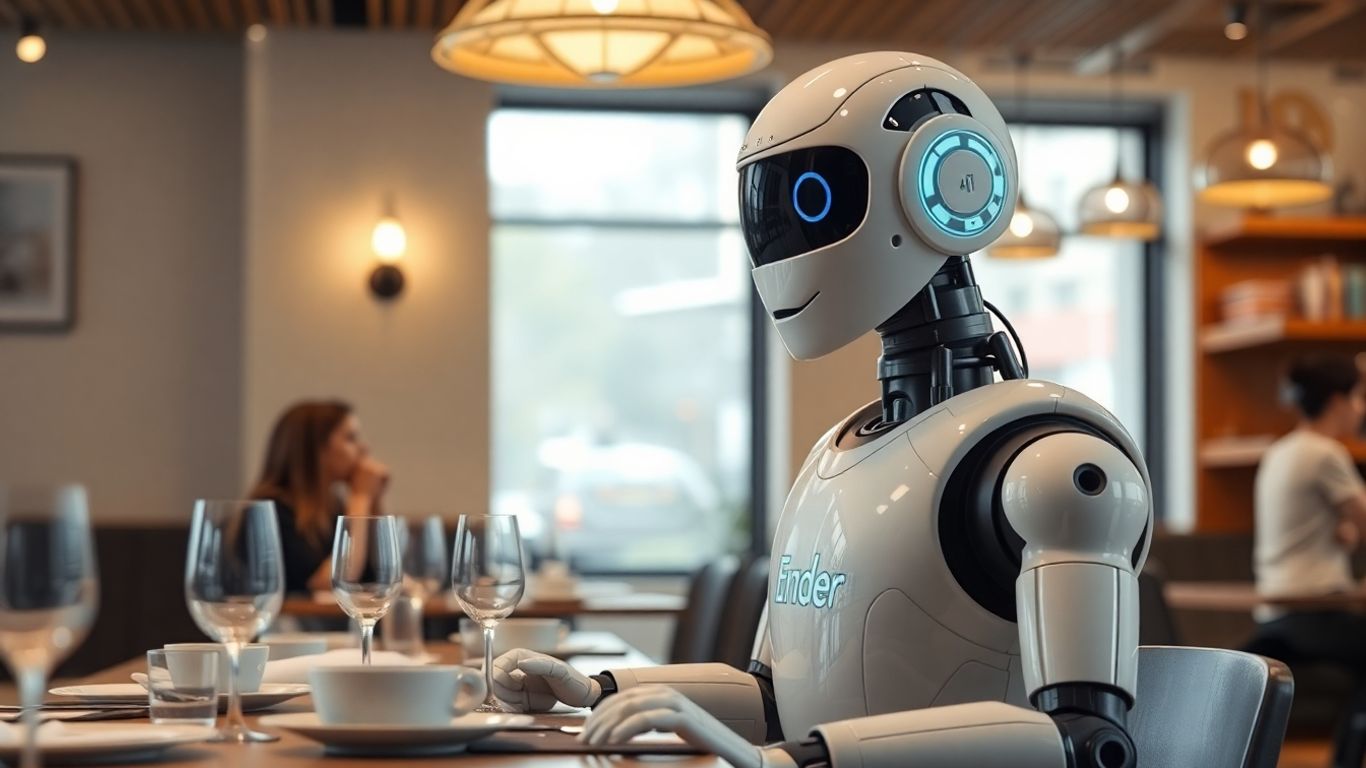 AI robot serving a happy customer at a restaurant.