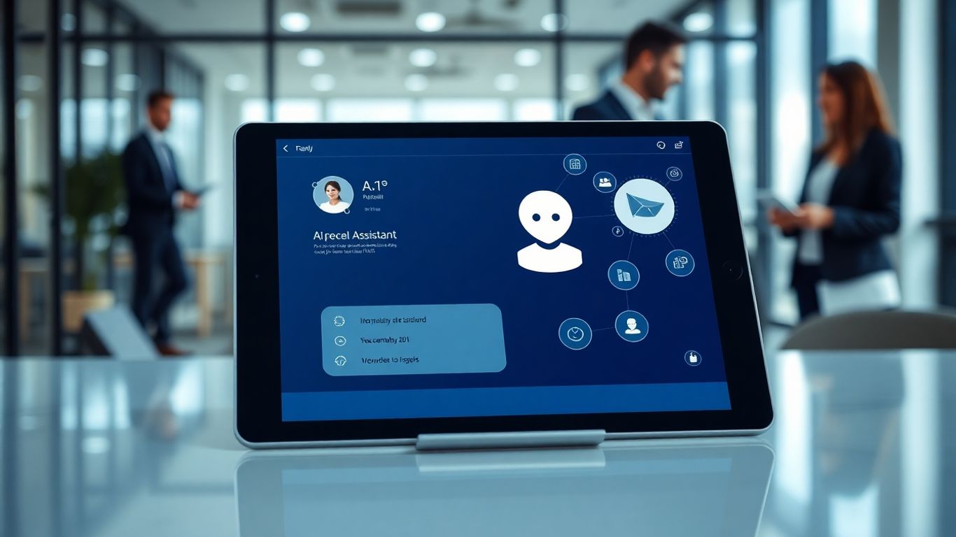AI assistant interface on a tablet in an office