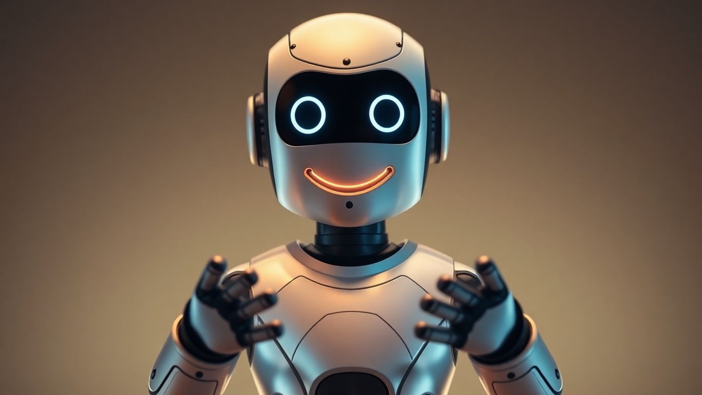 Friendly robot offering assistance with a warm smile.