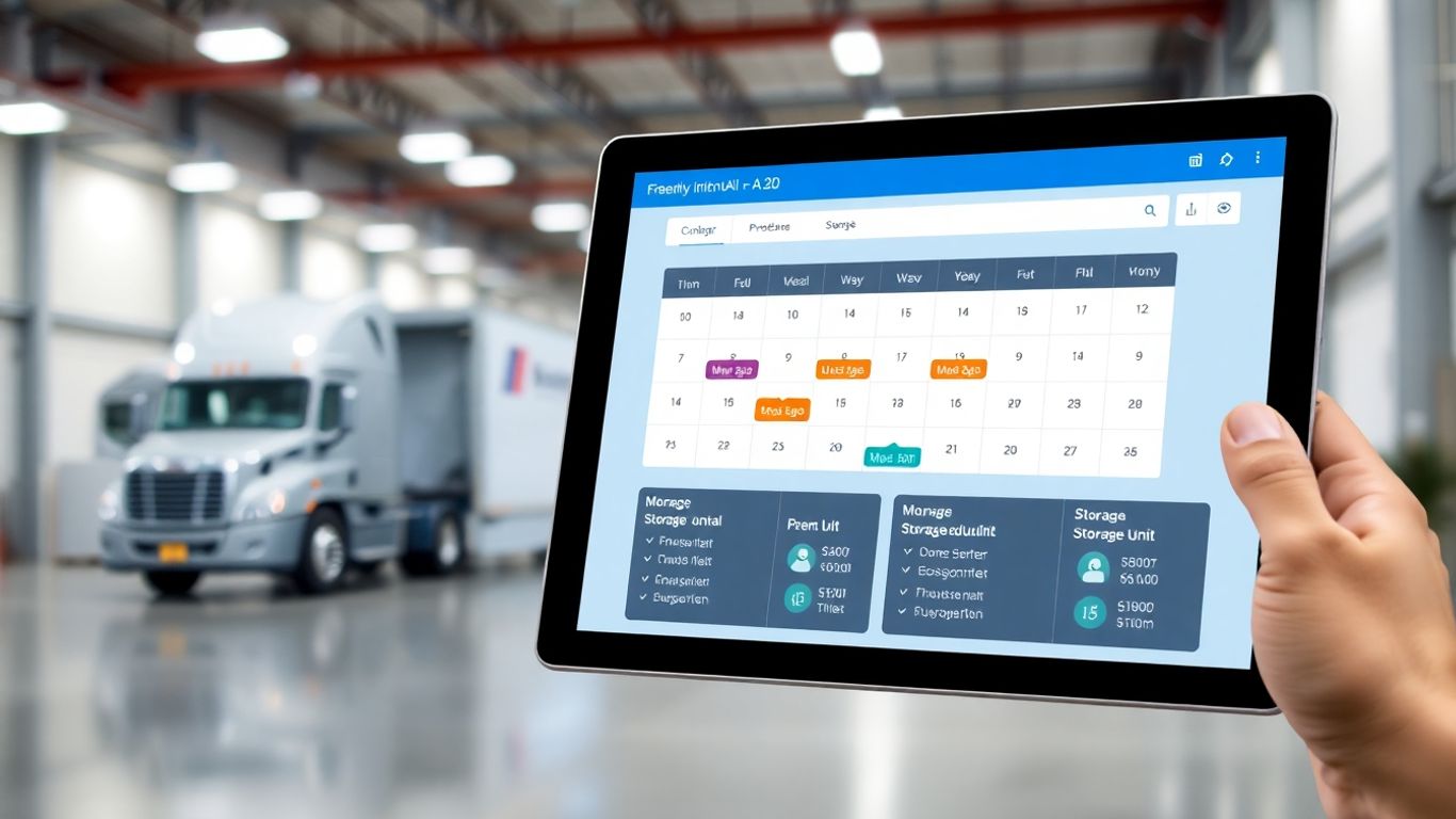 AI managing truck rentals and storage reservations on a tablet.