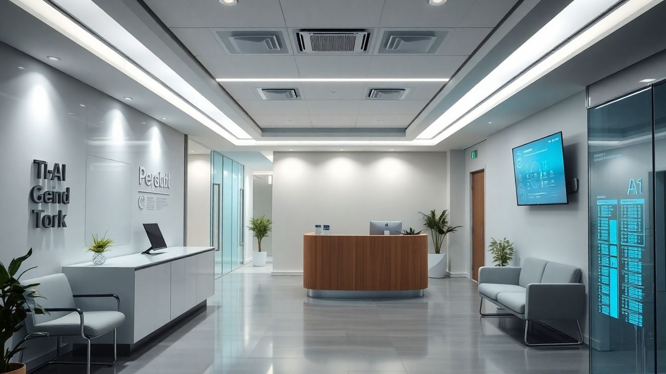 AI receptionist interface in a modern medical office.