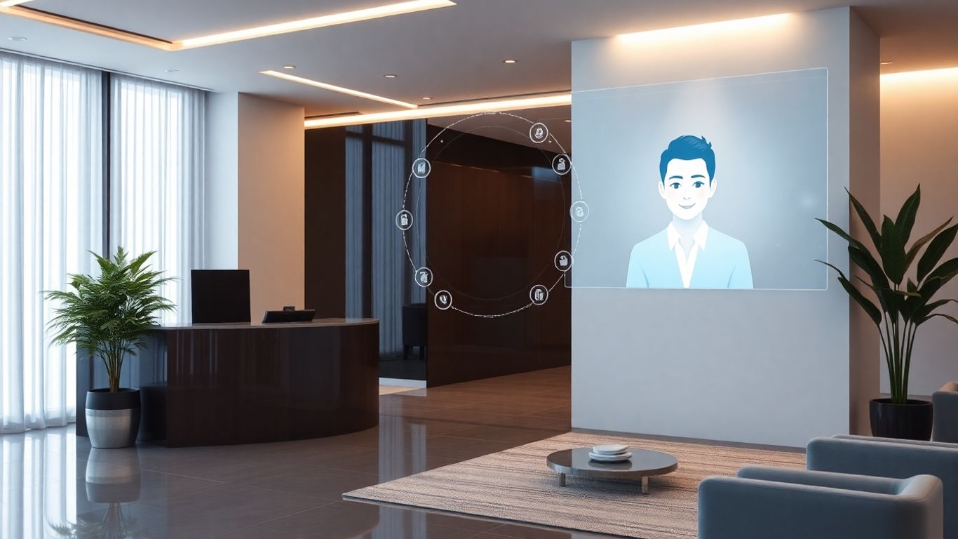 AI receptionist hologram in a modern office.