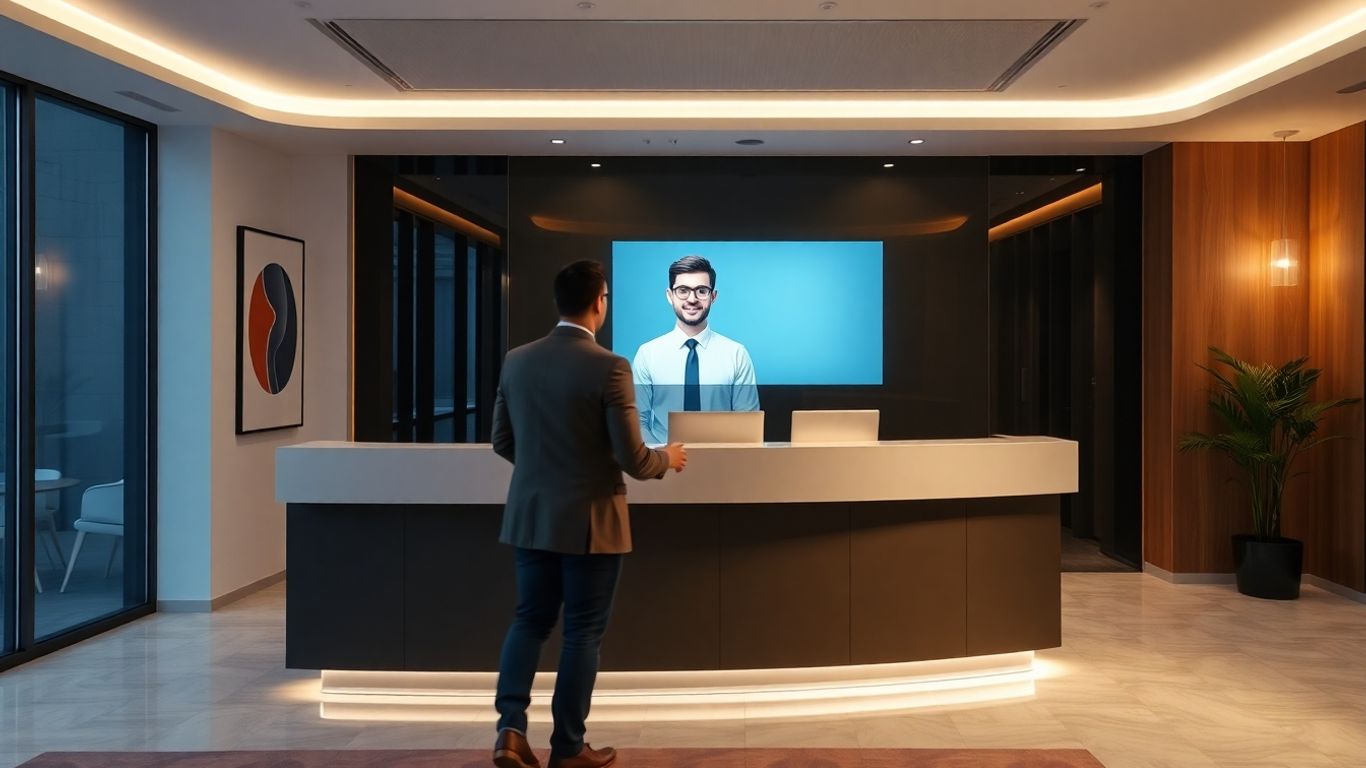 AI receptionist assisting a client at a modern office desk.
