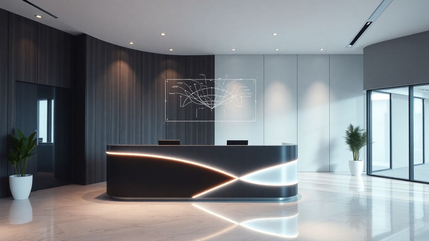 AI receptionist interface in a modern office reception.