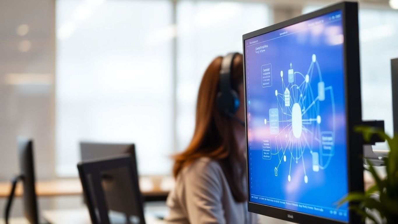 Person using headset with digital communication flows on screen.