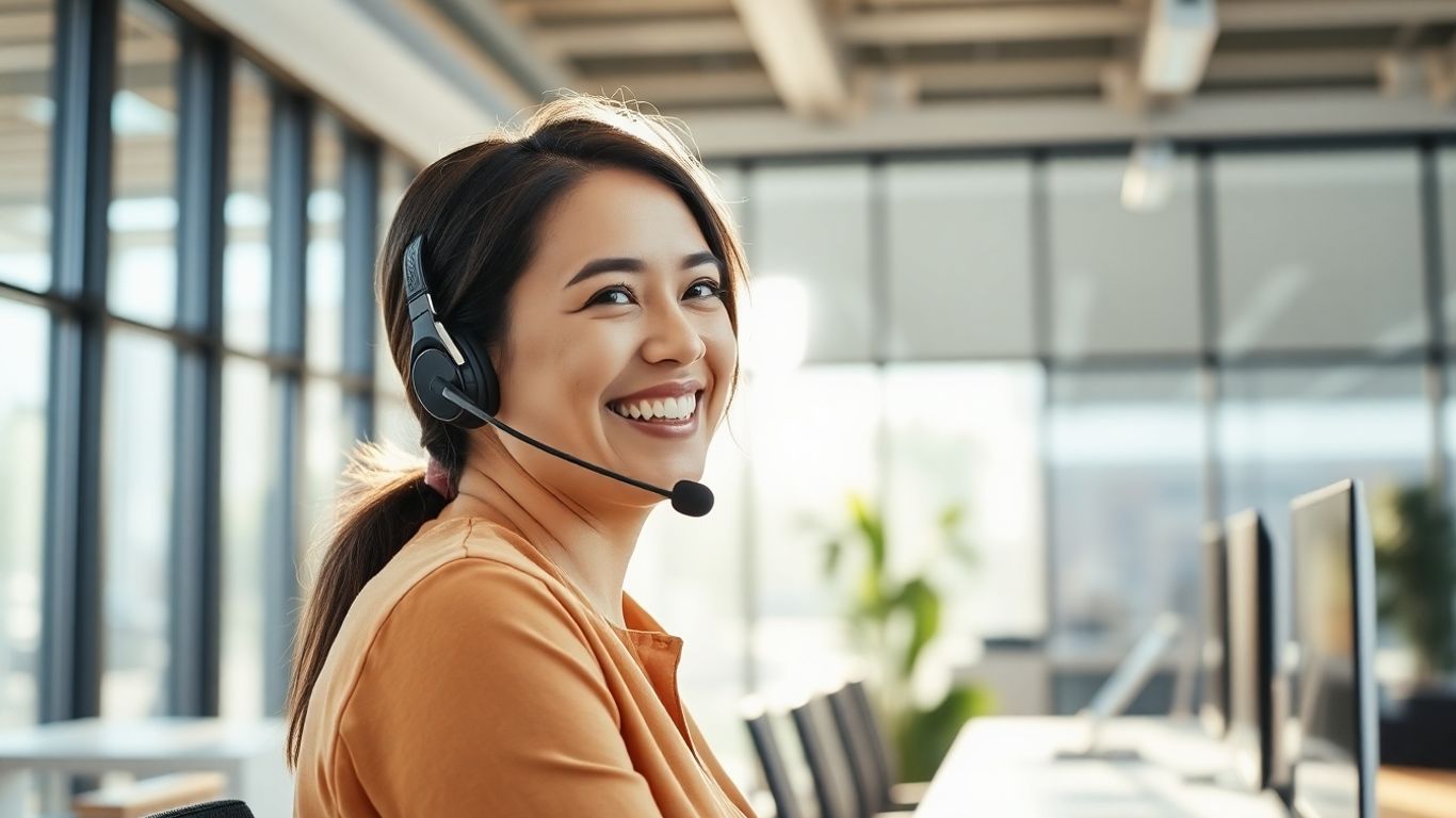 Professional woman with headset in a bright, modern office.