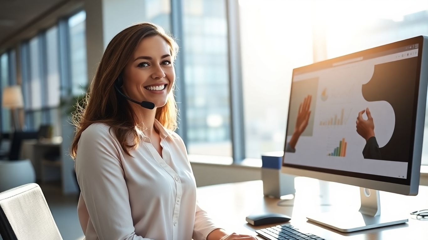 Professional woman with headset in a bright Boston office.